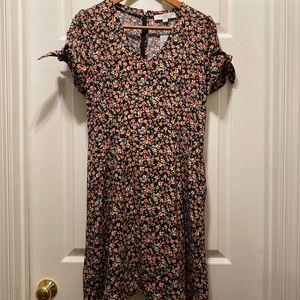 Loft Floral Tie Sleeve Pocket Flare Dress